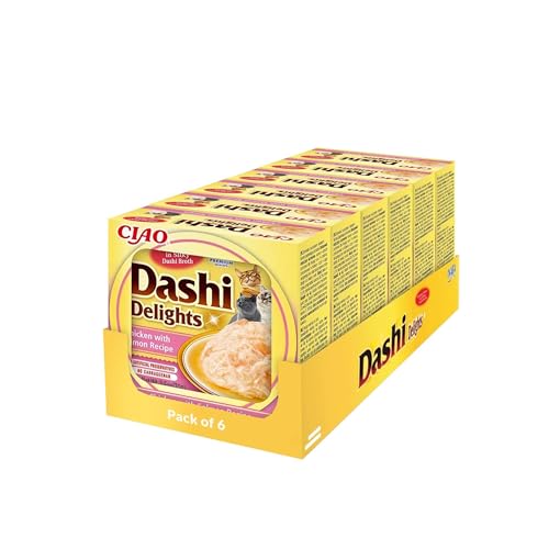 Dashi Delights - Trozos en un caldo de copos de bonito con pollo - Delicioso y saludable - Topping - Alto contenido en proteínas - Ingredientes naturales - Comida para gatos - 6 x 70g