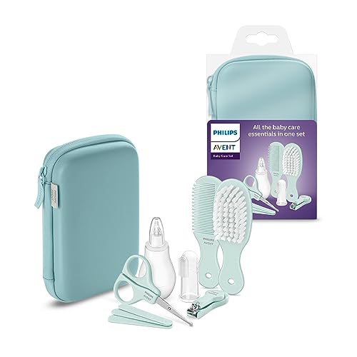 Avent SCH401/00 - Kit de iniciación con 9 accesorios: cortaúñas, tijeras, 3 limas de uñas, peine, cepillo para el pelo, aspiradora nasal y cepillo de dientes de dedo (modelo SCH401/00)