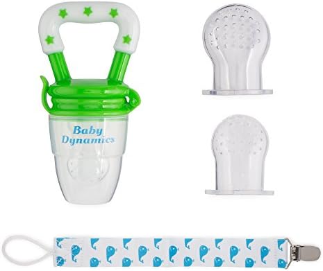 Baby Dynamics - Infant Feeder Pacifier Set (1 Pacifier, 1 Safety Clip, 3 Nipple Sizes - Small, Medium, Large), Green/White