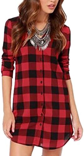 Jubileens Women's Mid-Long Style Roll-Up Sleeve Plaid Boyfriend Top T-Shirt Blouse