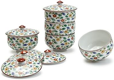 Japanese Flower Tea Cup with Lid, Set of 5