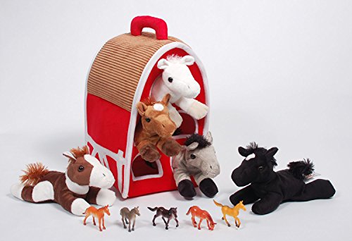12 Red Plush Horse Barn With 5 Stuffed Animal Horses By Unipak