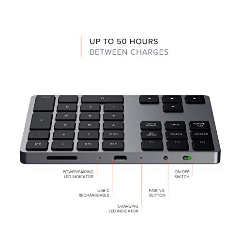 Satechi Bluetooth Extended Numeric Keypad (U.S. English Layout), Slim Rechargeable 34-Key Numberpad, for MacBook Air/Pro/Neo, iPad Air/Pro, iPad Mini, Mac Mini, iMac - Space Grey