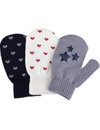 SATINIOR 3 Pairs Toddler Magic Stretch Mittens Little Girls Knit Mitten Baby Boys Winter Knitted Gloves (Gray Star, White Heart and Black Heart)