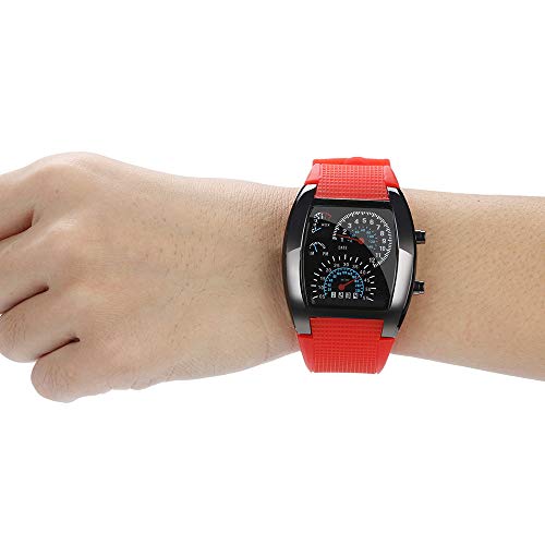 Fxbar,Men's Fashion LED Light Flash Turbo Speedometer Sports Car Dial Meter Watch Rubber Strap Bracelet Watches (Red B)