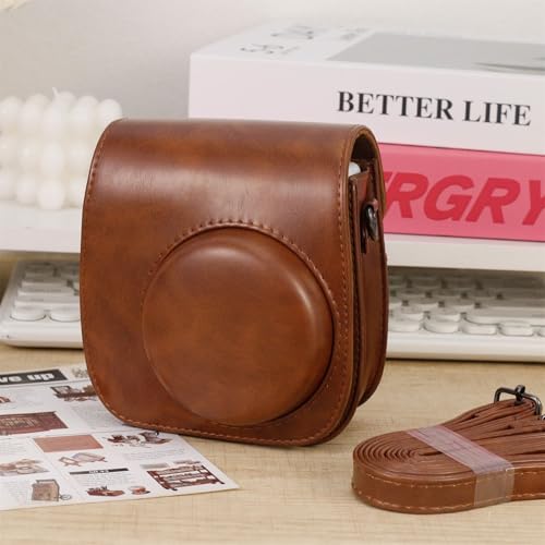 Estojo Protetor Para Câmera Phetium Instant Mini 12 Compatível com Instax Mini 12 11, Bolsa de Couro PU com Bolso e Alça de Ombro Ajustável (Marrom)