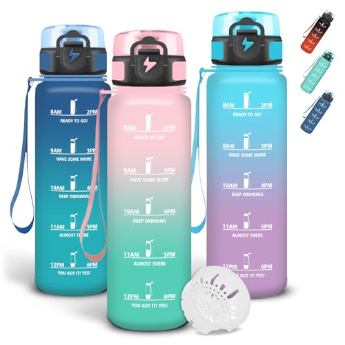 Grsta Water Bottle 1 Litre, Water Bottle with Filter, Leak-Proof Sports Water Bottle, Secure Locking, with Time Marking and Lacing, Bottle for Camping, Bike, Gym