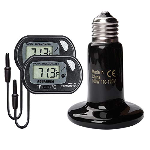 HONG111 100W Ceramic Heat Lamp with 2-pcs Digital Aquarium Thermometer, Infrared Reptile Heat Emitter Heater Bulb for Pet Brooder Coop Chicken Lizard Turtle Snake Aquarium