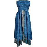 Mogul Womens 2 in 1 Strapless Dress Maxi Skirts Boho Recycled Printed Vintage Sari Two Layer