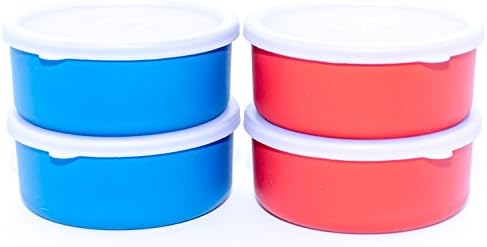 HOMEISH Microwave Safe Stainless Steel Plastic Coated Lunch Containers for Office/Home | Red & Blue | Set of 4 | 11cms x 5 cms and Approx. 250ml Each