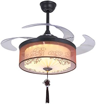 YXLONG Wrought Iron Chinese Knot Ceiling Fan Light Invisible LED Restaurant Chandelier 42 Inch Glass Acrylic Fan Blade Telescopic Freestanding Ceiling Lamp