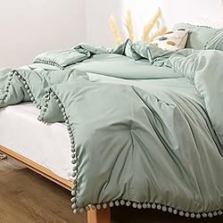 Smoofy Pom Fringe Comforter Set Queen Size Sage