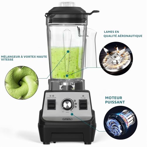 OMMO 1.8L Professional Blender Blender, 1800W Smoothie Blender for Shakes and Smoothies, 1 x 300ml Portable Bottle BPA Free, Pulse Function, Crushed Ice, Dishwasher Safe