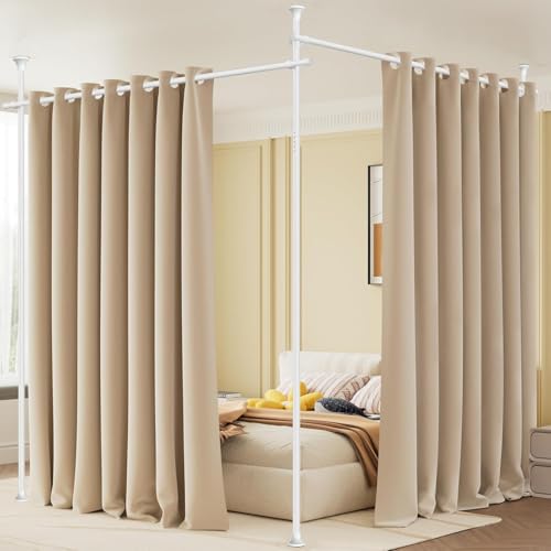Dsocool Room Divider No Drilling Curtain Rod Wall Divider for Room Separation, 122-305cm(H) 70-290cm(W) Adjustable, Heavy Duty Partition Space Separator Freestanding Tension Curtain Stand, White