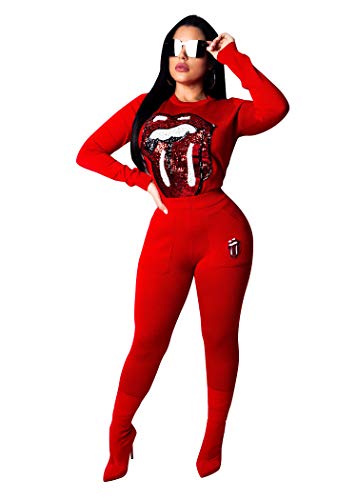 Women's Sequin Lips Print Sweatshirt Tracksuit Set Nigeria Ubuy