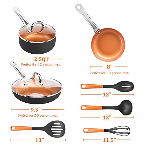 SHINEURI 9 Pieces Copper Cookware Pans and Pots Set - 8 inch Omelet Pan, 9.5 inch Frying Pan and 2.5 qt Sauce Pan with Lid & 4 set Cooking Utensils - Suitable for Induction, Gas, Electric & Stovetops