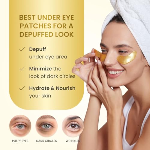 PLANTIFIQUE 24K Gold Under Eye Gel Patches - Dermatologist Tested - 20 Pairs Collagen & Hyaluronic Acid Eye Masks for Dark Circles, Bags & Puffiness