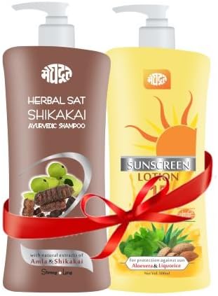 Meghdoot Ayurvedic Herbal Sunscreen lotion for Sunburn Protection and Herbal Shikakai Shampoo For Hair Growth, Hair Fall Control, Dandruff Control,Head Lice Treatment, 500ml Each (Pack of 2)
