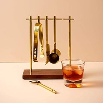 Nestroots Bar tool set accessories ice tong, bottle opener, double side peg measurer, cheese knife with stand wine tools for cocktails drink house home mini bar party bartender Stainless Steel Set of 4 tools+1 stand Gift for Men