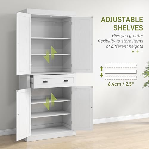 HOMCOM 72" Tall Kitchen Pantry Cabinet, Modern Buffet Storage Cabinet with 4 Recessed Doors, Drawer and Adjustable Shelves, White