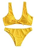 SweatyRocks Women's Sexy Bikini Swimsuit Soild Color Tie Knot Front High Waist Swimwear Set Yellow M