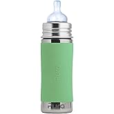 Pura Kiki 9oz/275ml Stainless Steel Infant Bottle w/Sleeve, Anti-Colic, Medical-Grade Silicone, Medium-Flow Nipple, for Babies 3 Months & Up (Moss)
