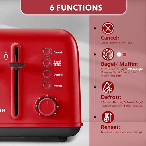 BUYDEEM DT640 4-Slice Toaster, 7 Shade Settings, Extra Wide 1.5’’ Slots for Bagel & English Muffin, 6 Toasting Functions, Retro Stainless Steel Toaster with High Lift Lever, 1800W, Red