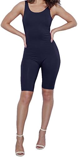 Slim Bloom Women Catsuit Cotton Lycra Tank Bermuda Short Yoga Bodysuit Jumpsuit Dark Blue L