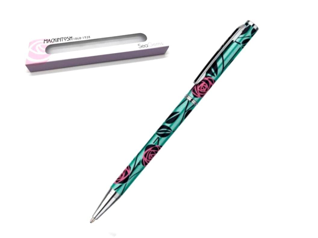Sea Gems Womens Decorative Gift Boxed Pen - Red Rose and Emerald Green Charles Rennie Mackintosh design - great for work, home, ideal as a gift for friend, relative, colleague