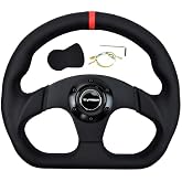 TIYPEOR 13'' 320mm D Shape Adventure Car Racing Steering Wheel Leather Flat Reinforced Drift Sports Steering Wheel Horn Button with Red Stitch for Sim Racing Game,Golf Cart,JDM Sports