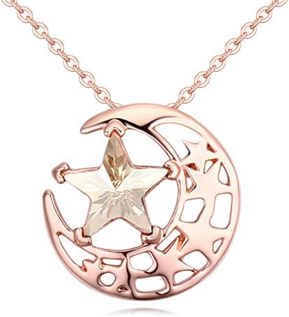Rose Gold Plated Bright Stars and Moon Combination Swarovski Element Crystal Necklace