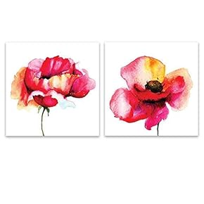 2 Panel Square Watercolor Style Red Flowers on...