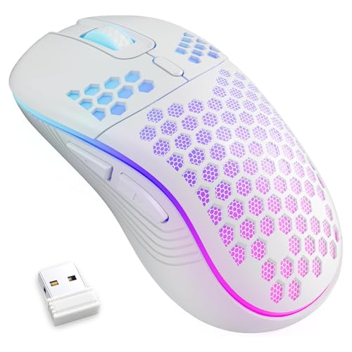 Uniiking® Wireless Gaming Mouse Honeycomb 2.4G USB Cordless Mouse RGB Rechargeable PC Game Mice with 7-Color LED Lights，3 Adjustable DPI for Windows Laptop Desktop Computers -White