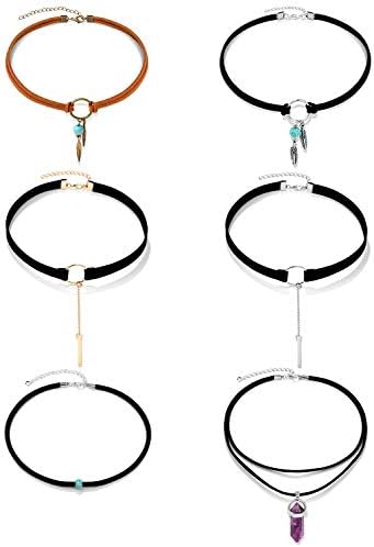 Ofeiyaa 6/12/16pcs Chain Gold Bead Necklace Coin Moon Star Pearl Pendant Chain Choker Multilayer Necklace Leather Cord Set for Women Girls Adjustable Gold Tone