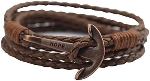 UNIONTOP Vintage Brown PU Leather Anchor Hope Bracelet for Mens and Womens Handcraft Knitting