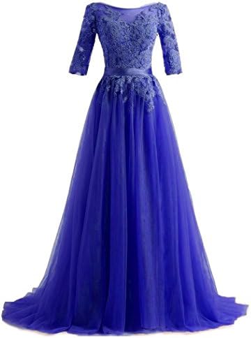 QiJunGe Elegant Long Evening Dresses Lace Half Sleeves Formal Prom Party Gowns Royal Blue US 16