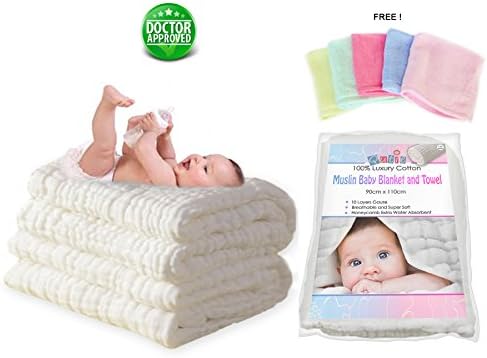 Qutie 10 Layer Muslin Cotton Dual Baby Blanket and Towel with Bamboo Baby Washcloth - White