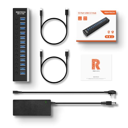 RSHTECH 2.RSH-A13 USB 3.0 Hub 13 Ports, Aluminium Multiport Hub with 12V/6A Power, Over Current and Overvoltage Protection, Independent Switch and Data Cable 10 Gbps
