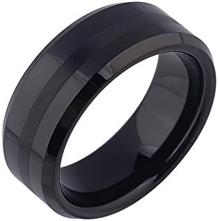 SIAWASE Men's 8mm Black Tungsten Ring One Tone Brushed Matte Finished Center Wedding Band Beveled Edge (11)