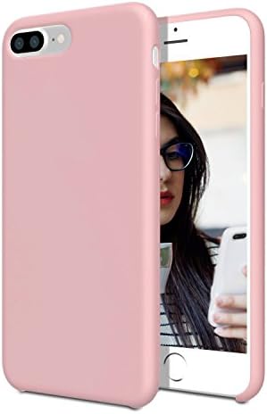 iPhone 7/8 Plus Case For Girls with Glass Screen Protector, AQT Pink Protective Slim Design Silicone Liquid Rubber Case Non Slip Finger Grip on Back Full Body Drop Protection for Apple iPhone 7/8 Plus