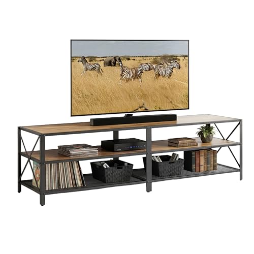 Relaxdays Meuble TV Bas 4 Compartiments, Ouverture jusqu'à 75", H 52 x L 180 x P 39 cm, Brun/Noir