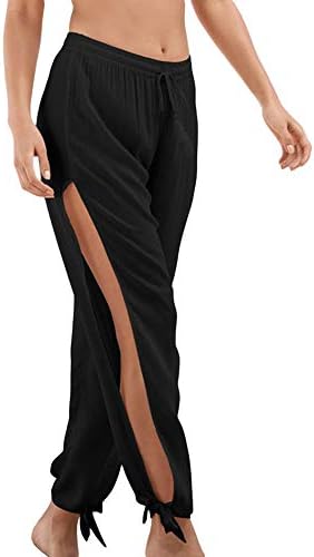 Women Side Split Harem Pants Drawstring Elastic Waist Baggy Beach Long Trouser