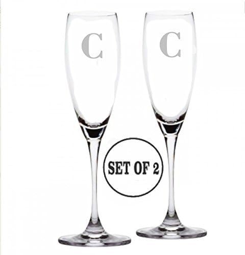 Champagne Set Of 2 Flutes Glasses Etched Engraved Personalized Monogrammed Letter C Hand Made