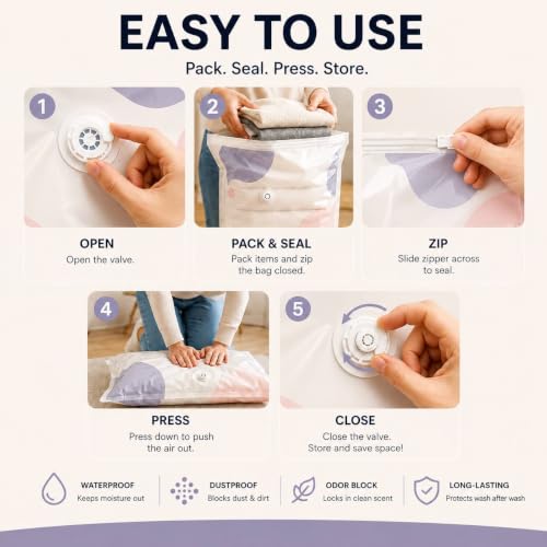 No Pump Vacuum Storage Bags, 5-Pack (2 X-Large + 3 Large), Reusable photo 12