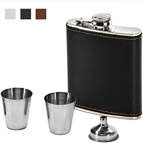Natwag Flask 7 OZ- Stainless Steel with Leather Wrapped Cover and 100% Leak Proof, Funnel and Shot Glass Included