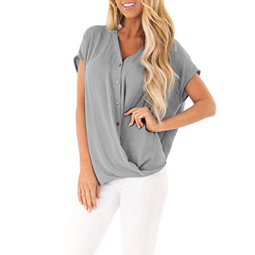 Women Shirts for Work Short Sleeve Chiffon Solid T-Shirt Office Ladies Loose V Neck Button Tops Gray