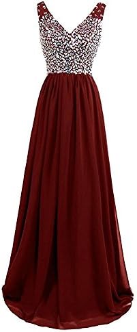 MyProms Women's Sprakly Beaded Prom Dress Straps Evening Dress V-Neck Formal Dress with Rhinestones Burgundy US2