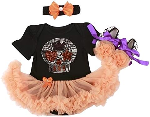 Summer Boutique Halloween Spooky Pumpkin Fancy Baby Toddler Girl's 3 PCS Romper Bodysuit Outfit Costume Tutu Skirt Hair Band Bow Ballerina Shoes: 0-24 Months