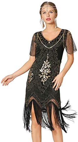 Radtengle Women's 1920s Flapper Dress Beaded Fringed Gatsby Dress with Short Sleeves for Roaring 20s Party