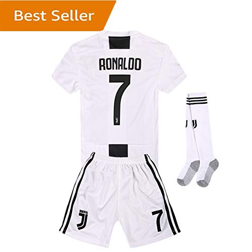 Newkidsjs Juventus #7 Ronaldo Kids and Youth Soccer Jersey & Shorts & Socks 2018-2019 Home White/Black 13-14Years/Size 28